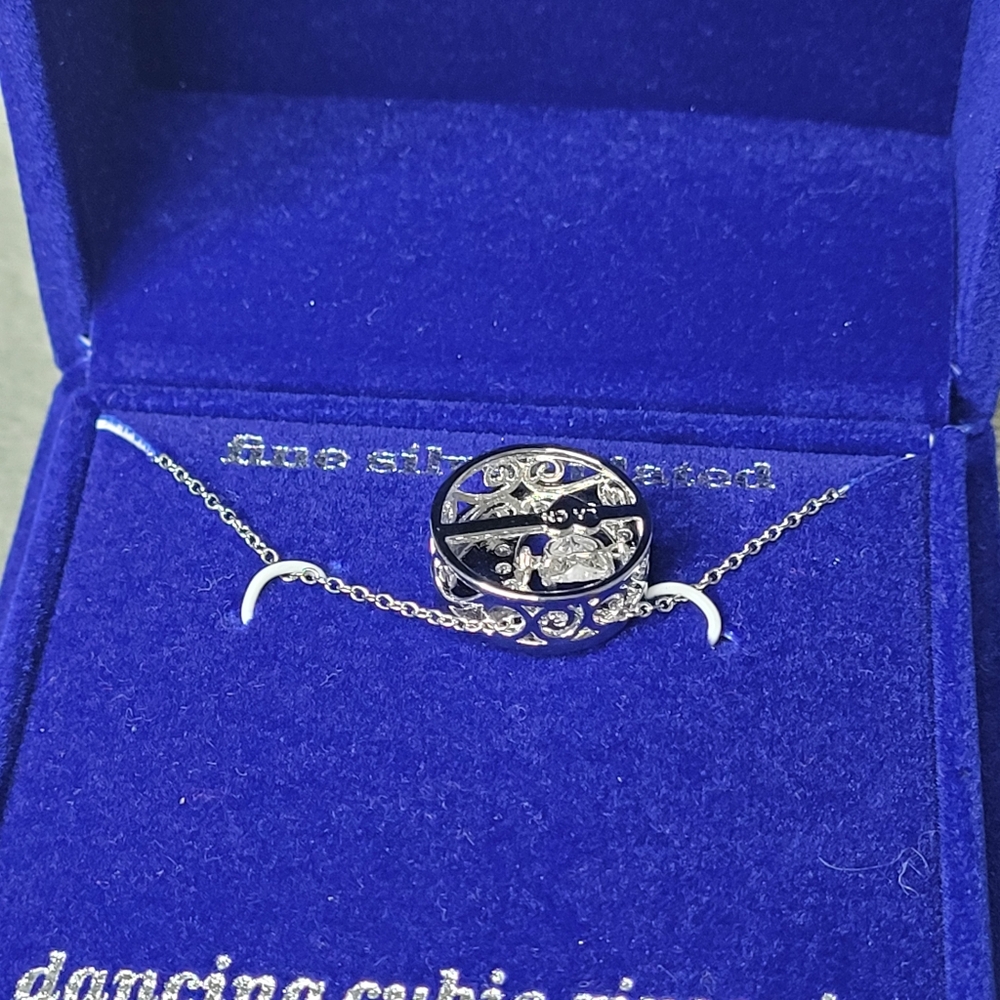 Sparkle Allure Dancing Cubic Zirconia Pure Silver Over Brass Cable Moon Necklace - Picture 4 of 8